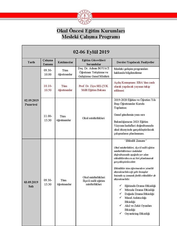 Ogretmenlerin 2019 Eylul Donemi Mesleki Seminer Calisma Programi